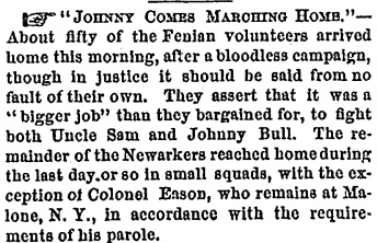 June 14, 1866 Newark Daily Advertiser (Newark, NJ) Eason Homecoming