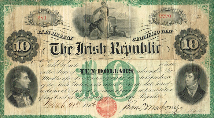 The O'Mahony $10 Fenian Bond of 1866.  Note the US Civil War soldier, with US cartridge box plate, picking up a sword with the symbolic figure Eire urging the soldier to go to Ireland, with the Irish Round Tower in the distance as the Irish Wolfhound looks on. 